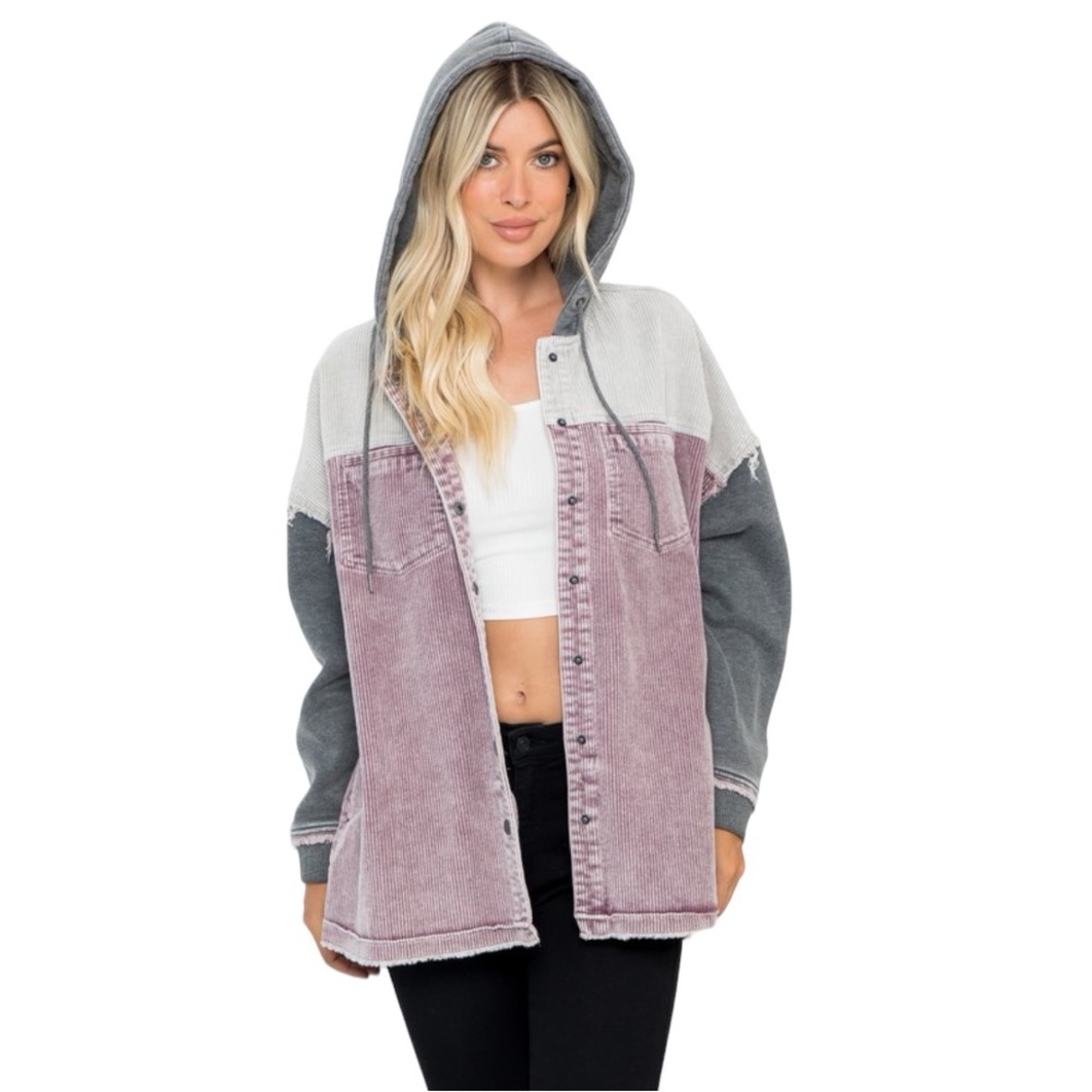 Women’s Purple Charcoal Corduroy Color Block Hooded Jacket NWT. (#0139)